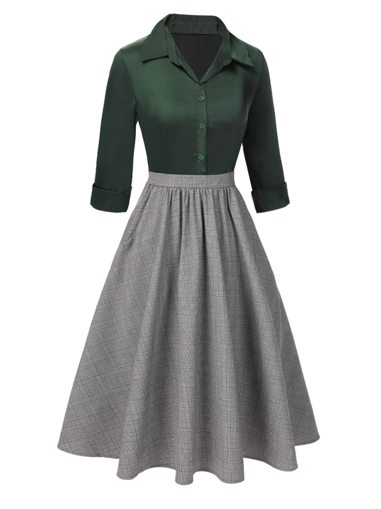 [Pre-Sale] Green 1950s Lapel Color Block Swing Dress