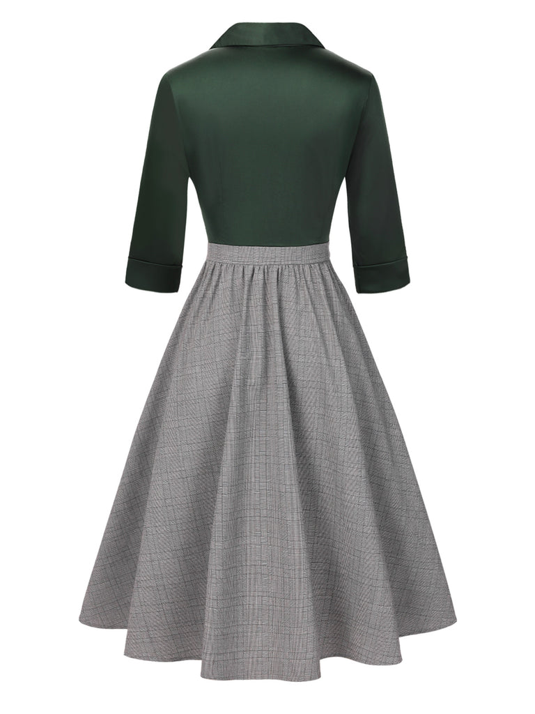 [Pre-Sale] Green 1950s Lapel Color Block Swing Dress