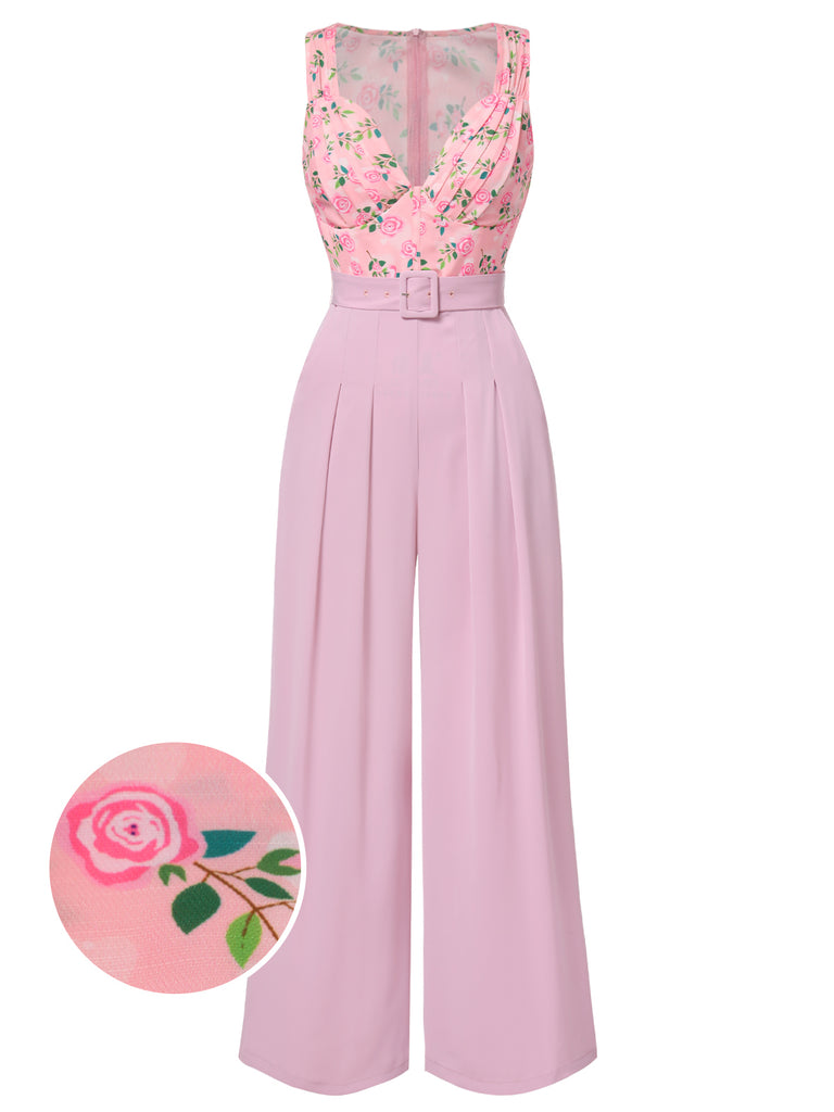 [Pre-Sale] Pink 1960s Heart Neck Roses Belted Jumpsuit