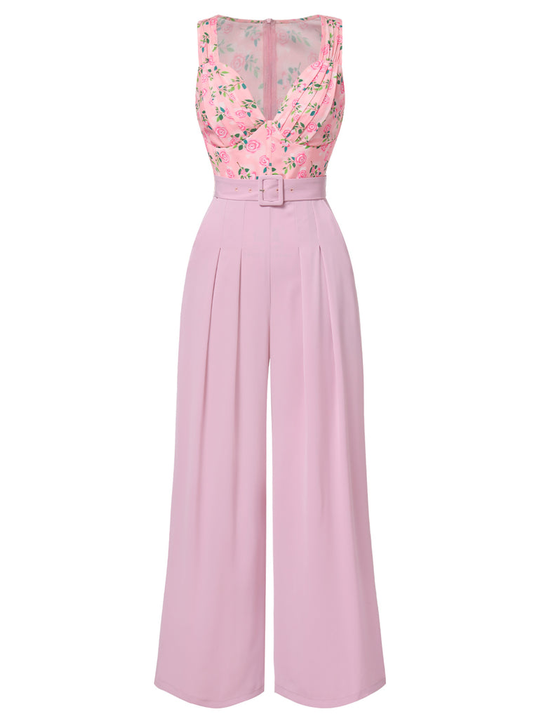 [Pre-Sale] Pink 1960s Heart Neck Roses Belted Jumpsuit