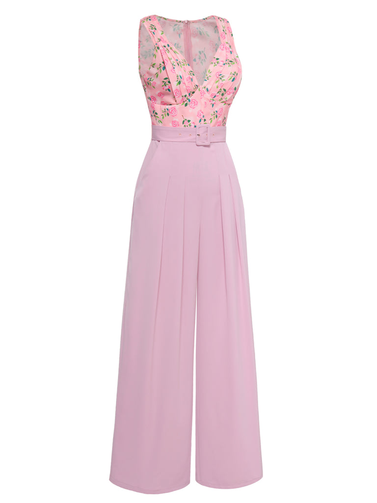 [Pre-Sale] Pink 1960s Heart Neck Roses Belted Jumpsuit