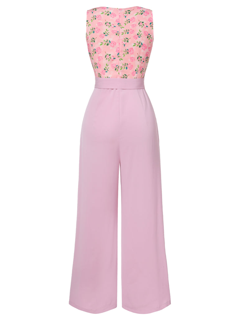 [Pre-Sale] Pink 1960s Heart Neck Roses Belted Jumpsuit