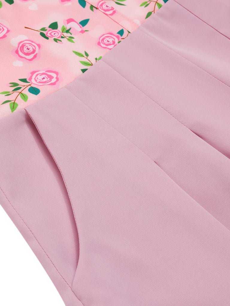 [Pre-Sale] Pink 1960s Heart Neck Roses Belted Jumpsuit