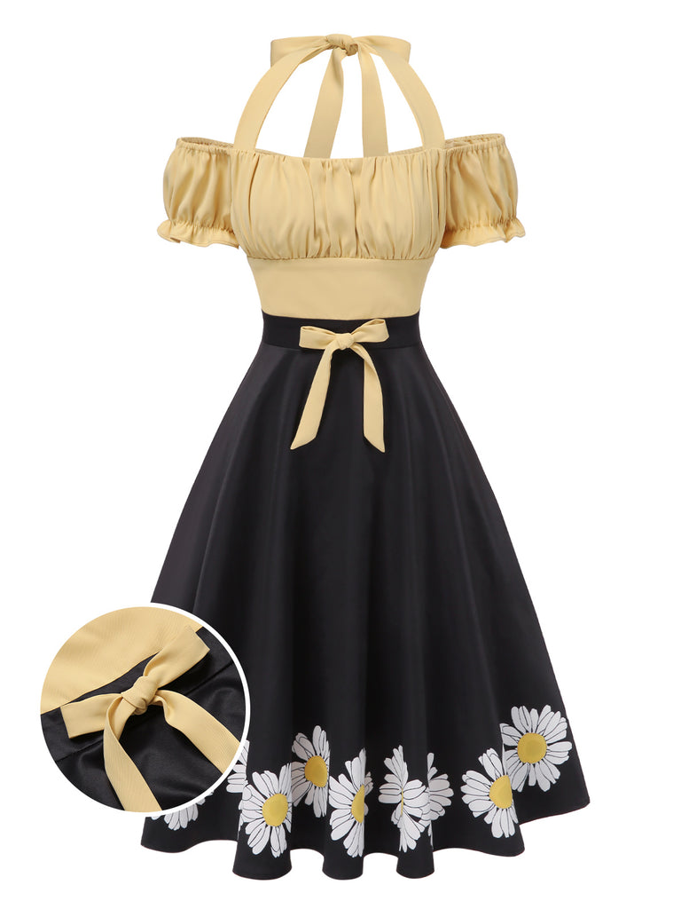 [Pre-Sale] 1950s Halter Puff Sleeve Daisy Bow Swing Dress