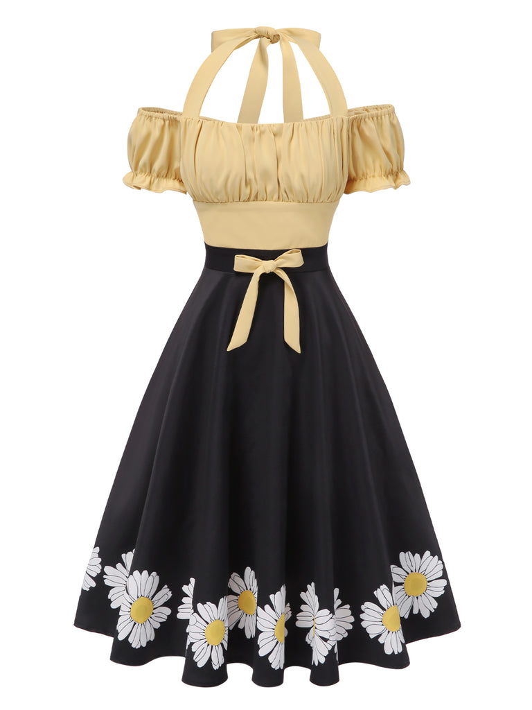 [Pre-Sale] 1950s Halter Puff Sleeve Daisy Bow Swing Dress