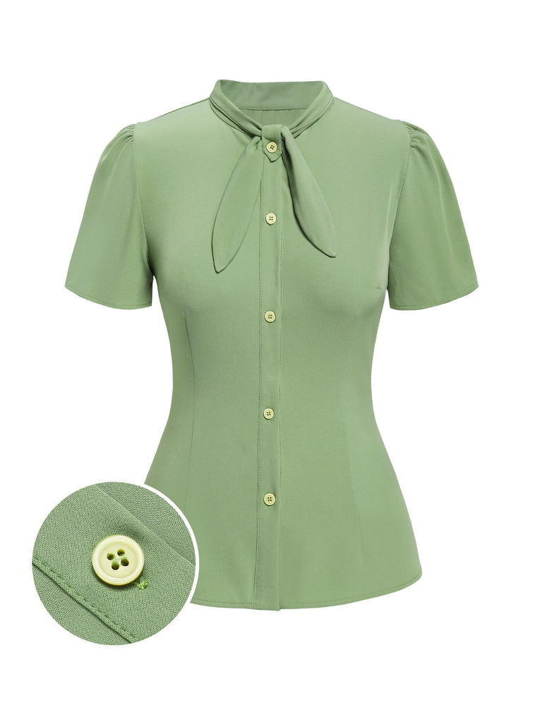 [Pre-Sale] Green 1940s Tie-Neck Puff Sleeve Blouse