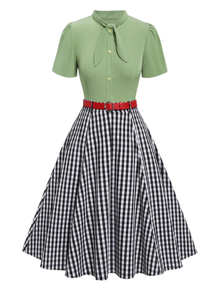 [Pre-Sale] 2PCS 1940s Green Tie-Neck Blouse & Plaid Skirt