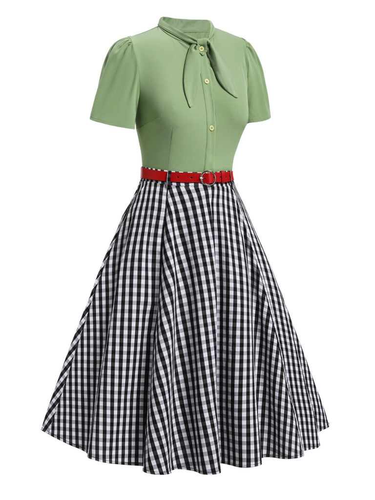 [Pre-Sale] 2PCS 1940s Green Tie-Neck Blouse & Plaid Skirt