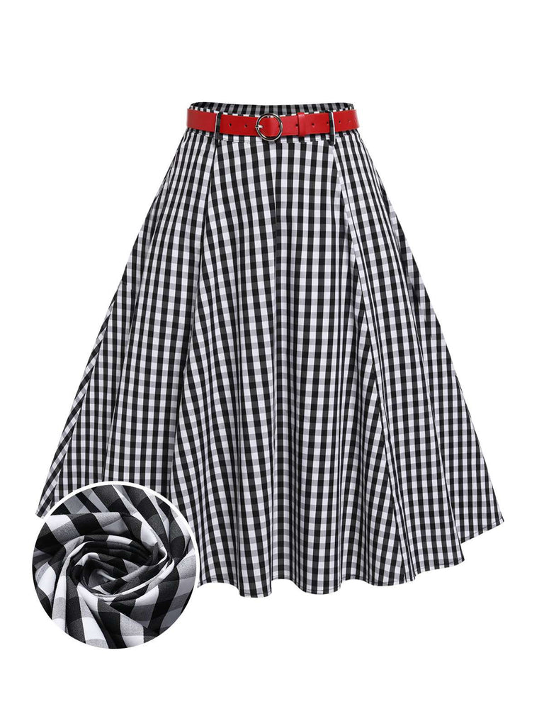 [Pre-Sale] Black & White 1940s Gingham Plaid Belted Skirt