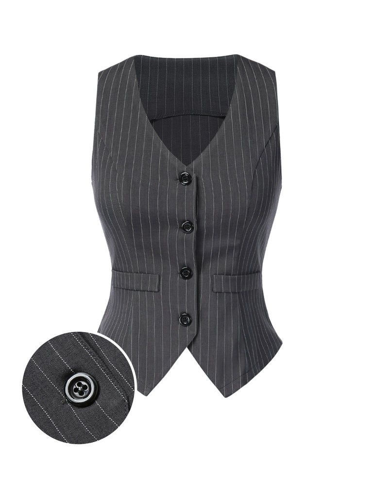 [Pre-Sale] Dark Gray 1960s V-Neck Pinstripes Sleeveless Top