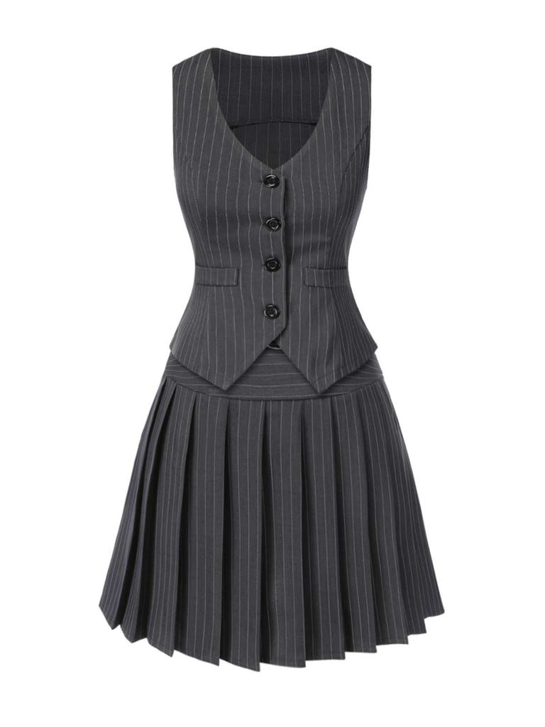 [Pre-Sale] 2PCS Dark Gray 1960s Pinstripes Top & Pleated Skirt