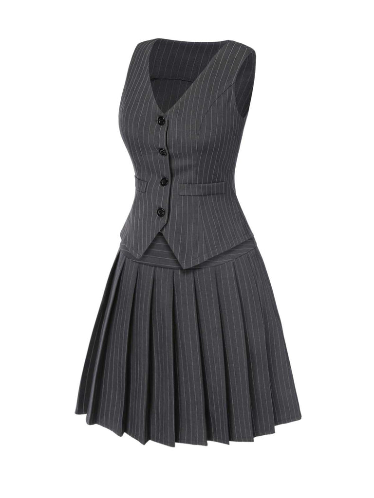 [Pre-Sale] 2PCS Dark Gray 1960s Pinstripes Top & Pleated Skirt