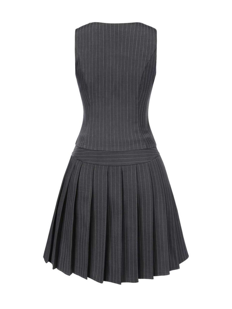 [Pre-Sale] 2PCS Dark Gray 1960s Pinstripes Top & Pleated Skirt