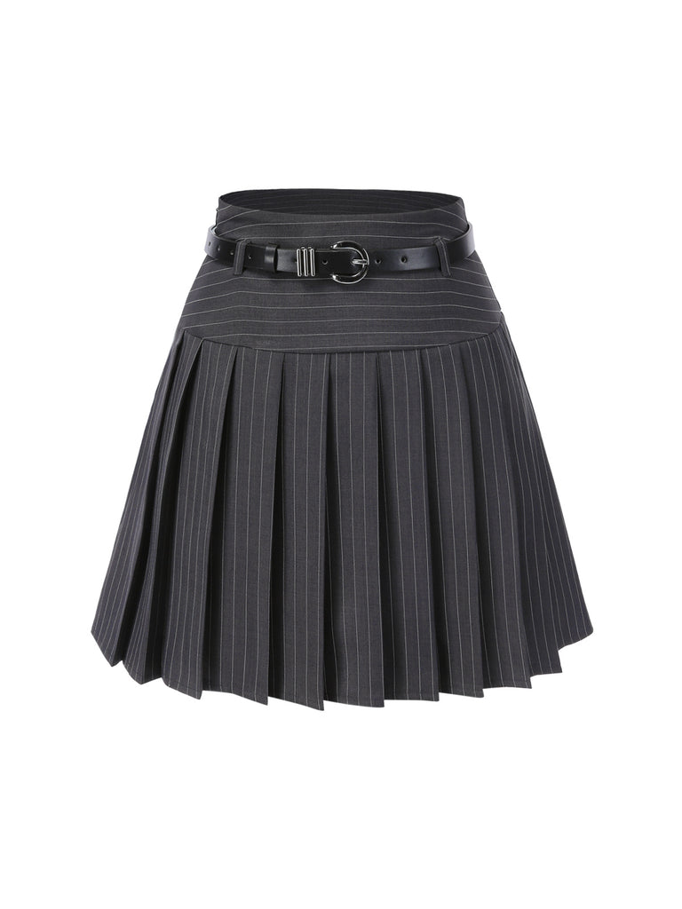 [Pre-Sale] Dark Gray 1960s Pinstripes Belted Pleated Skirt