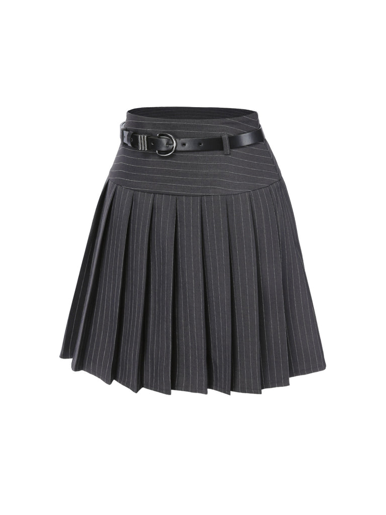 [Pre-Sale] Dark Gray 1960s Pinstripes Belted Pleated Skirt