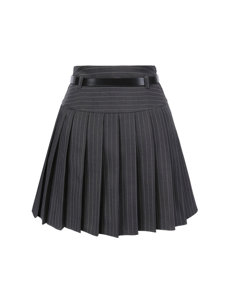 [Pre-Sale] Dark Gray 1960s Pinstripes Belted Pleated Skirt