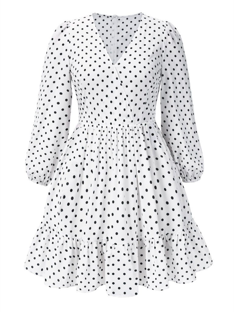 [Pre-Sale] [Plus Size] White 1950s Polka Dot V-Neck Dress