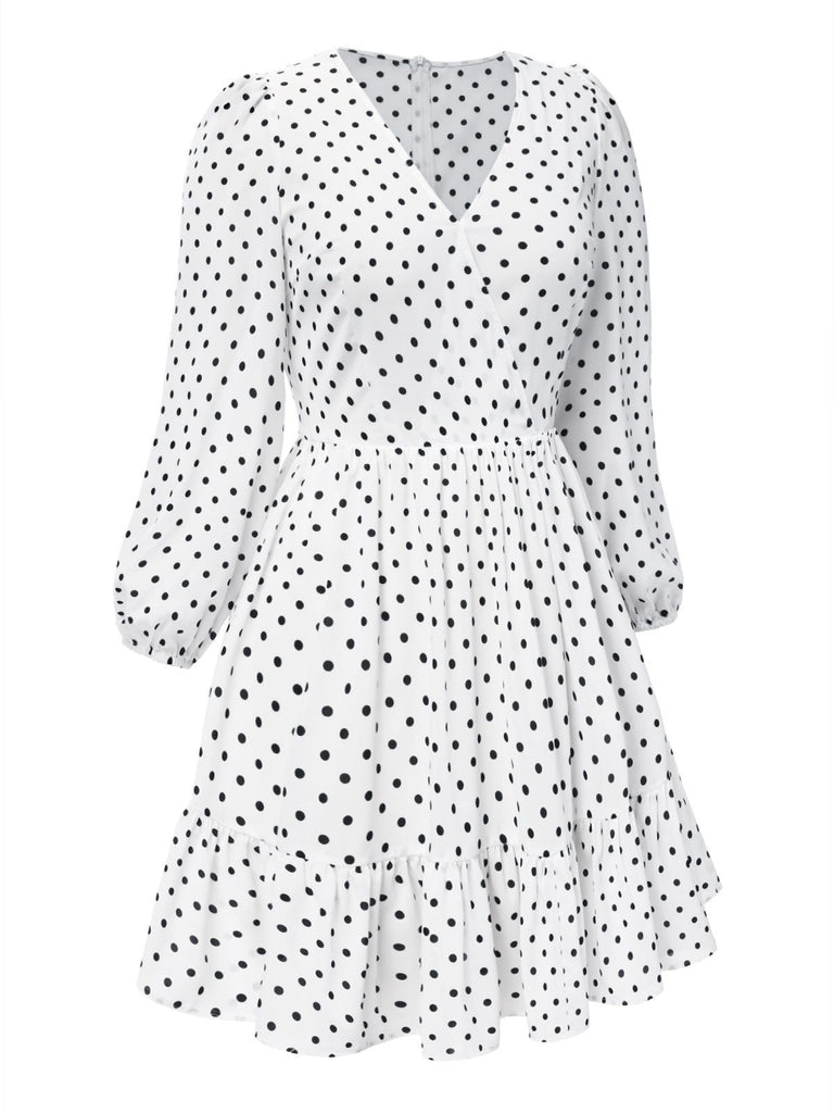 [Pre-Sale] [Plus Size] White 1950s Polka Dot V-Neck Dress