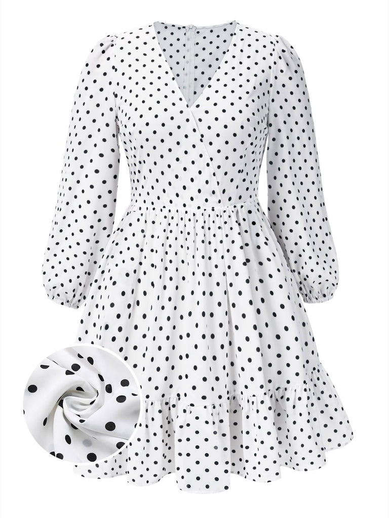 [Pre-Sale] [Plus Size] White 1950s Polka Dot V-Neck Dress