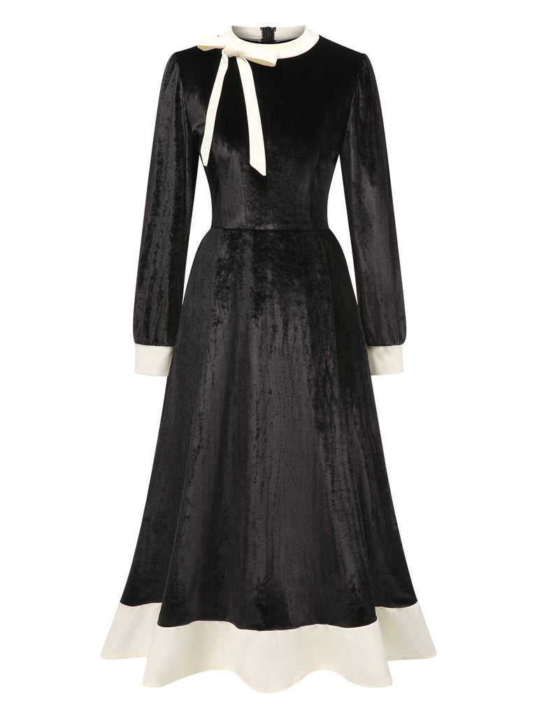 Black 1940s Round Neck Tie Patchwork Dress