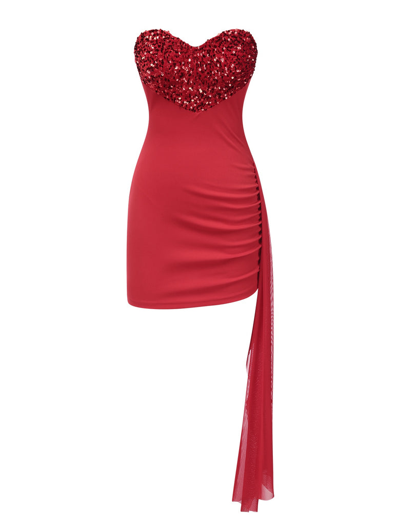 Red 1970s Heart Sequin Bandeau Dress