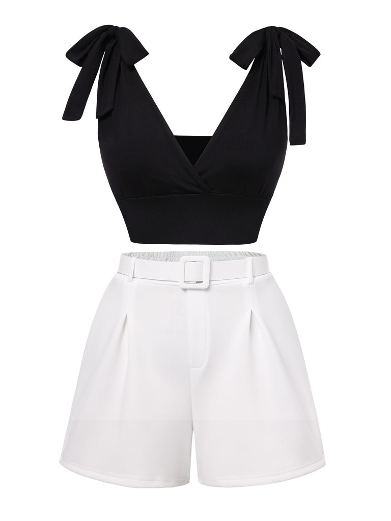 1960s Solid Black Shoulder Tie Top & White Belted Shorts