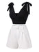 1960s Solid Black Shoulder Tie Top & White Belted Shorts