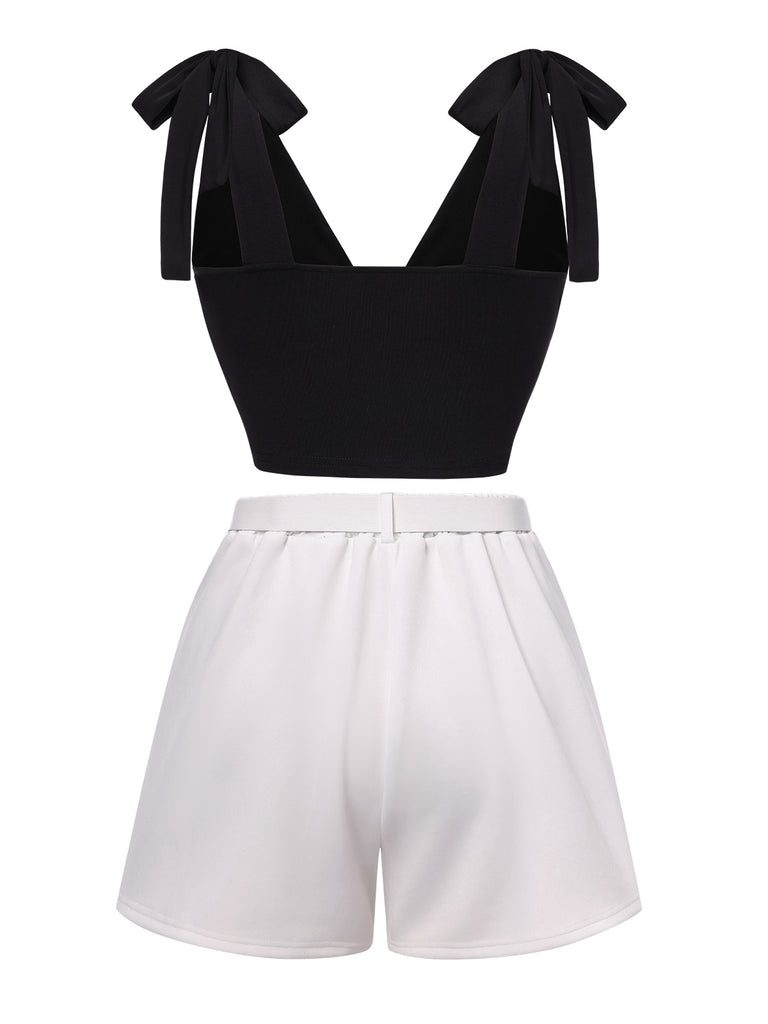 1960s Solid Black Shoulder Tie Top & White Belted Shorts