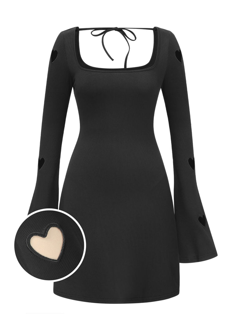 Black 1960s Trumpet Sleeve Hollow Heart Dress