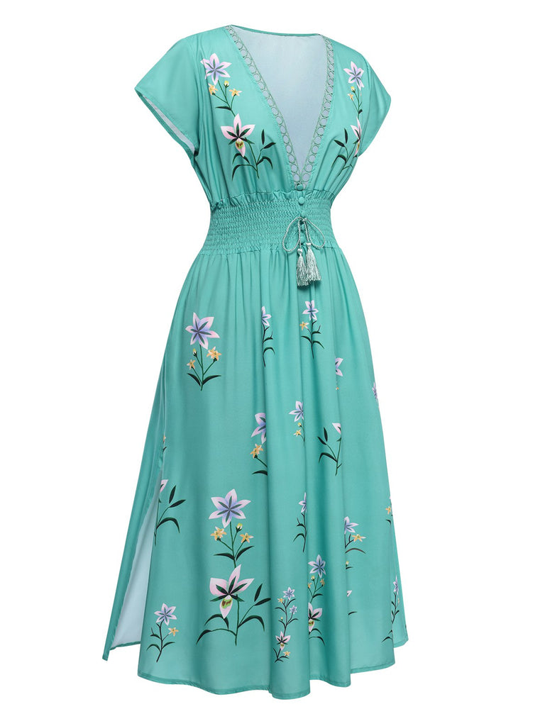 1930s Smocked Slit V-Neck Boho Floral Dress