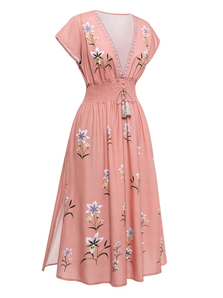 1930s Smocked Slit V-Neck Boho Floral Dress