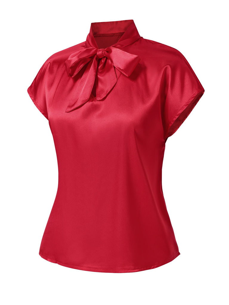 Red 1960s Satin Tie Neck Cap Blouse