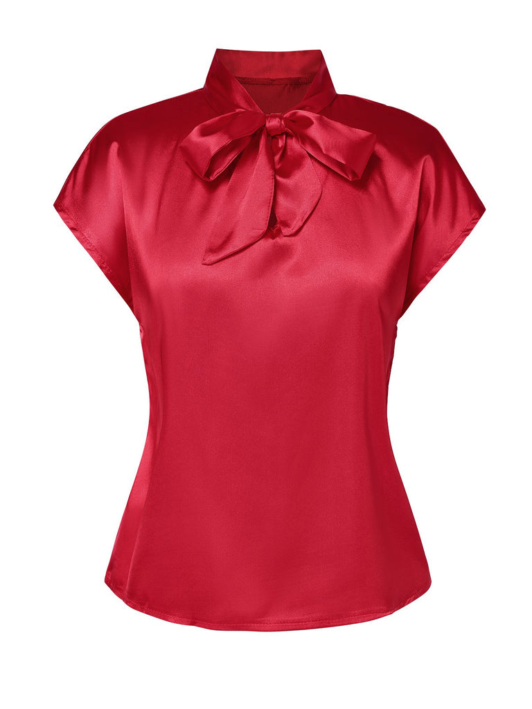 Red 1960s Satin Tie Neck Cap Blouse