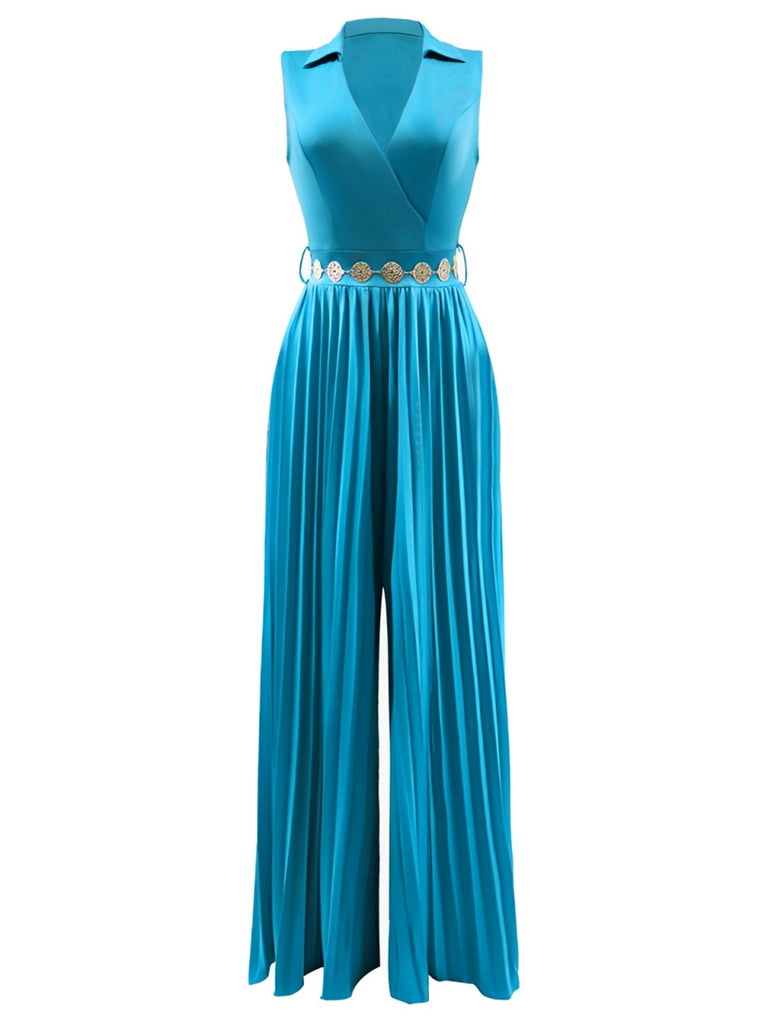 1930s V-Neck Lapel Pleated Wide-Leg Jumpsuit