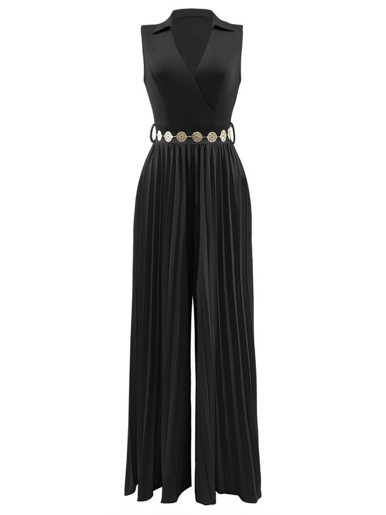 1930s V-Neck Lapel Pleated Wide-Leg Jumpsuit