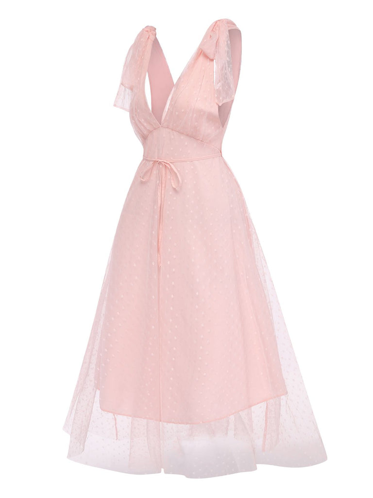 Pale Pink 1950s Solid Polka Dots Lace-Up Dress