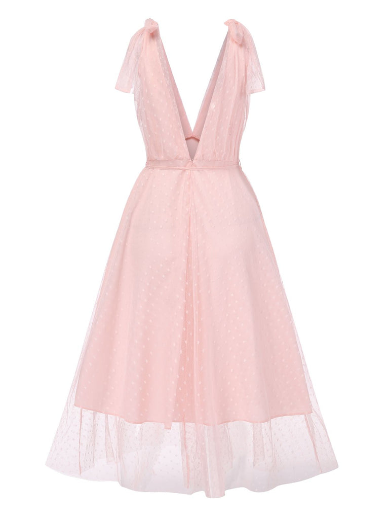 Pale Pink 1950s Solid Polka Dots Lace-Up Dress