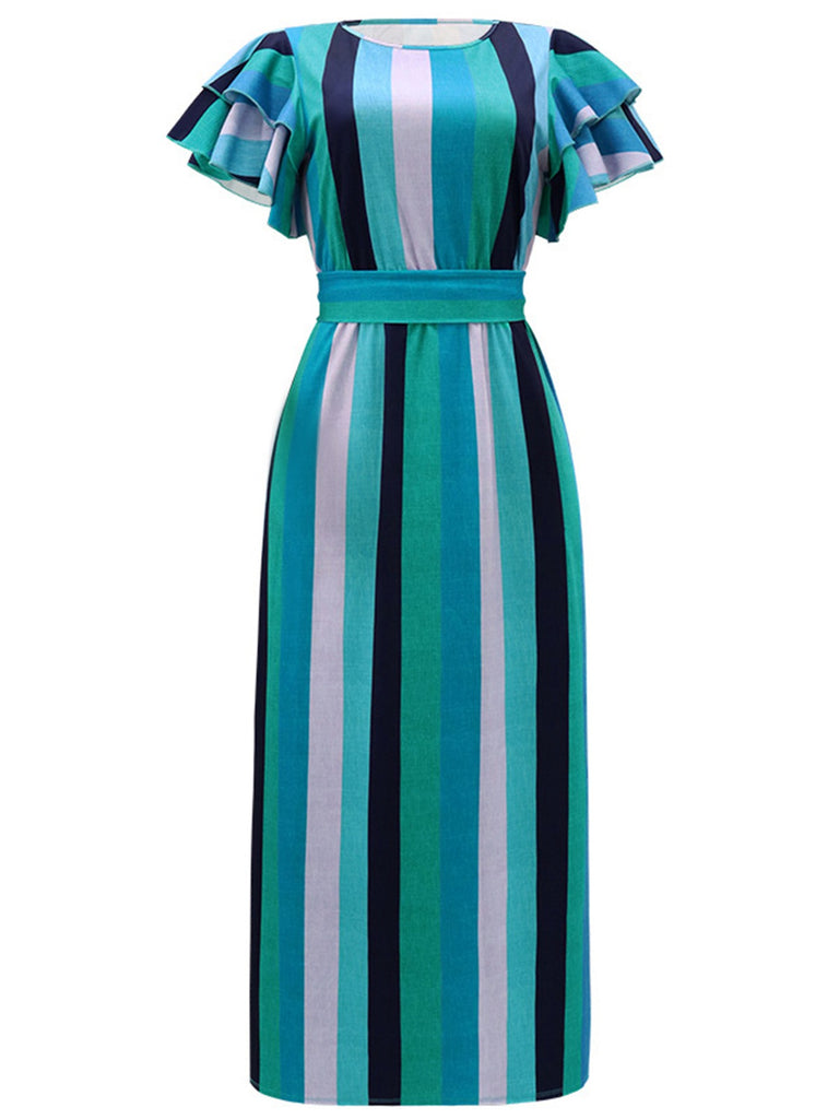 1970s Roman Stripes Ruffle Sleeve Dress