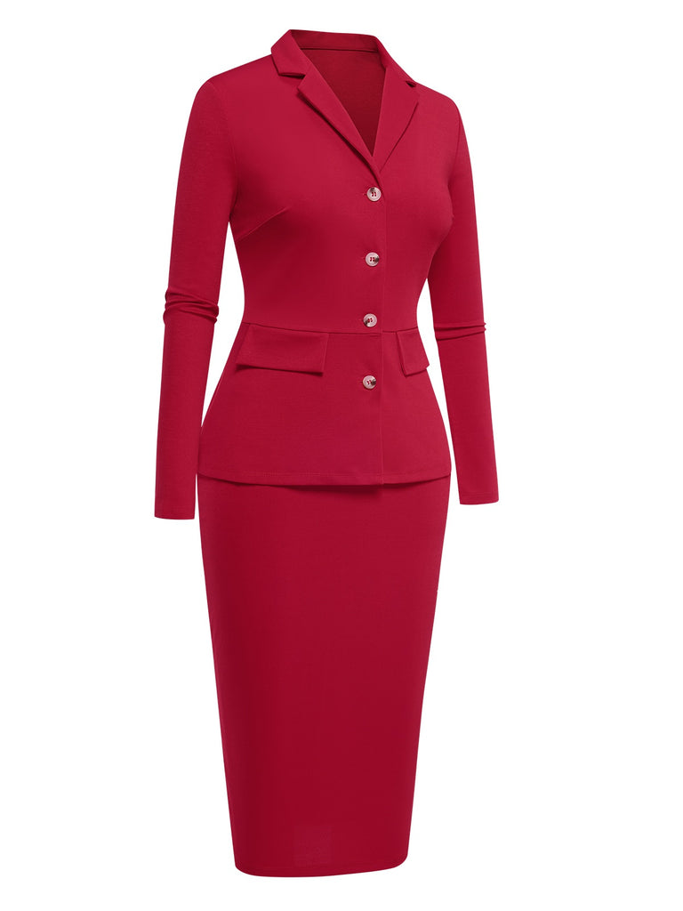 Red 1960s Solid Blazer Top & Pencil Skirt