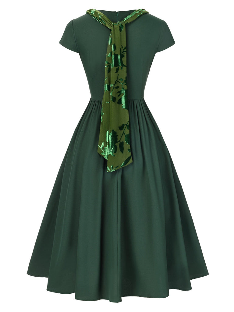 [Pre-Sale] Green 1950s Floral Tie Back Pleated Dress