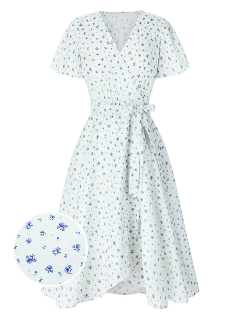 [Pre-Sale] White 1940s Cotton Slanted Tie Floral Dress