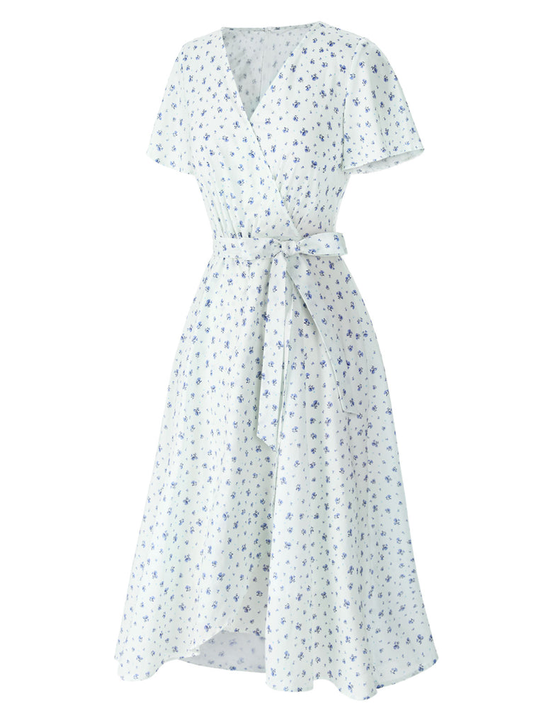 [Pre-Sale] White 1940s Cotton Slanted Tie Floral Dress