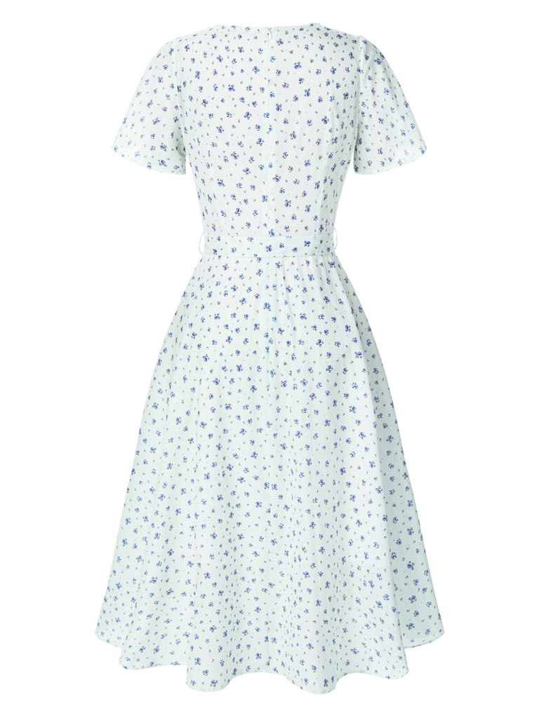 [Pre-Sale] White 1940s Cotton Slanted Tie Floral Dress