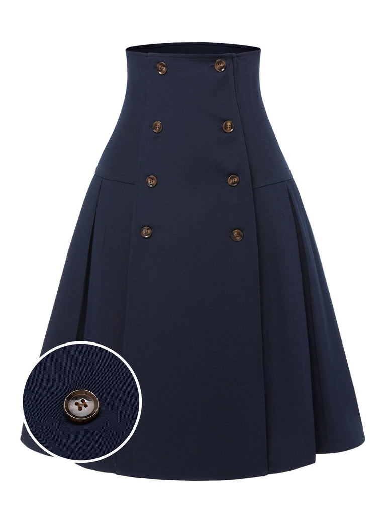 [Pre-Sale] Blue 1950s Solid Buttons Pleated A-Line Skirt