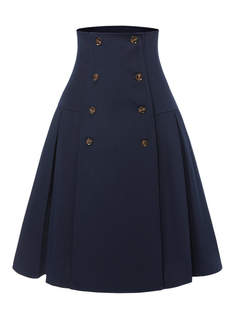 [Pre-Sale] Blue 1950s Solid Buttons Pleated A-Line Skirt