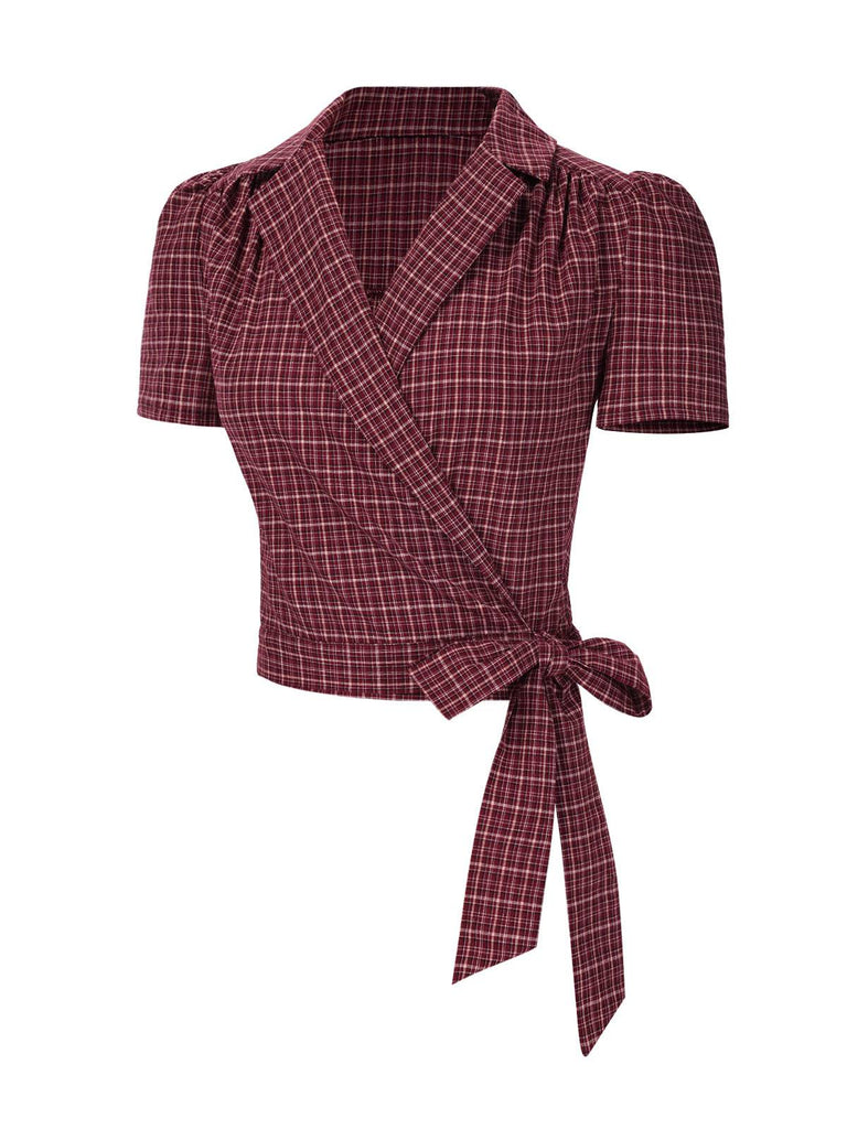 [Pre-Sale] Deep Red 1940s Lapel Plaid Wrap Blouse