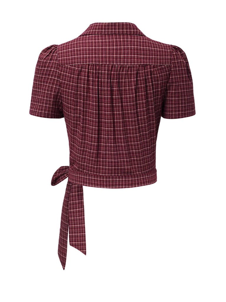 [Pre-Sale] Deep Red 1940s Lapel Plaid Wrap Blouse