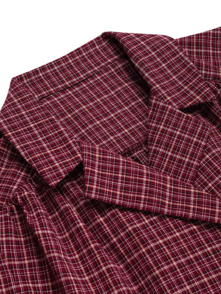 [Pre-Sale] Deep Red 1940s Lapel Plaid Wrap Blouse