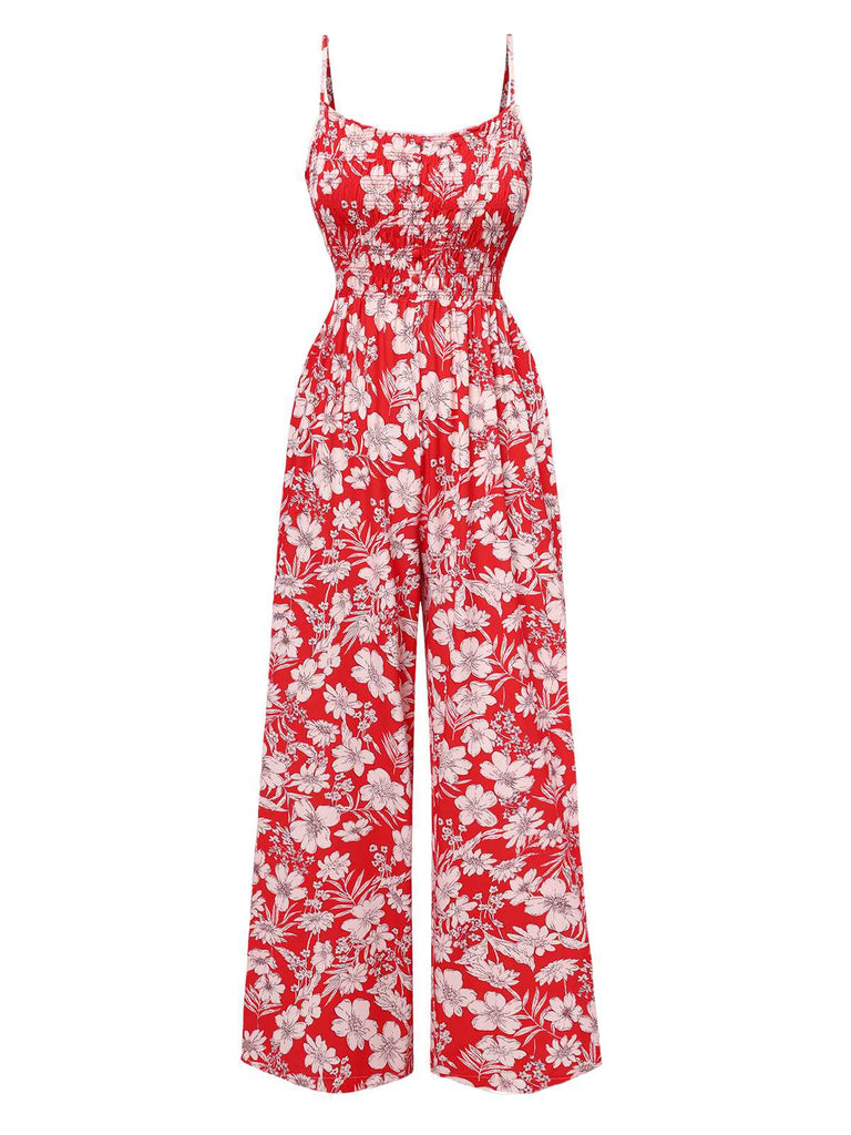 Red 1930s Spaghetti Strap Floral Wide-Leg Jumpsuit