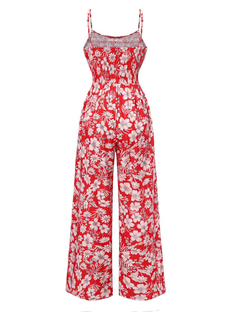 Red 1930s Spaghetti Strap Floral Wide-Leg Jumpsuit